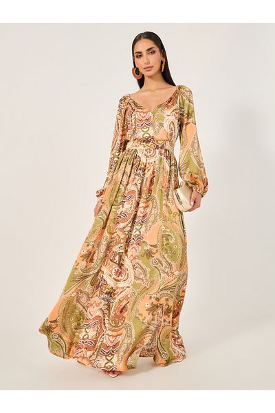 Styli All-Over Print Cuffed Sleeves A-Line Maxi Dress