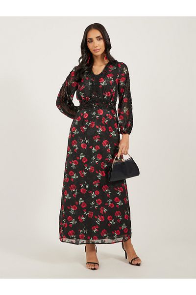 Styli Floral Print Lace Detail A-Line Maxi Dress