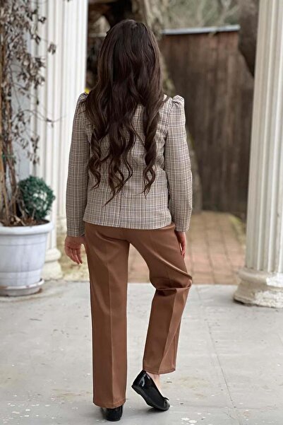 Riccotarz Girl's Collar Blouse - Plaid Line Blazer - Belted Tan Bottom Top Set