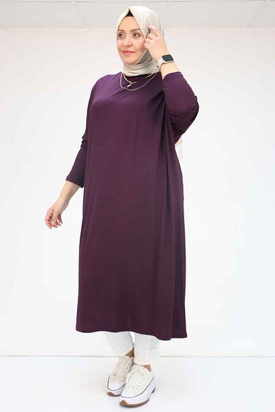 Eslina 28095 Large Size Low Sleeve Combed Cotton Long Tunic - Purple