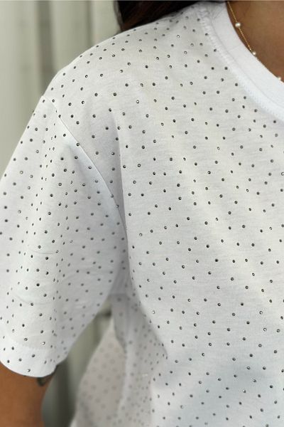 FEMELLE Women's White Sprinkled Paste Stone Detailed Cotton T-Shirt