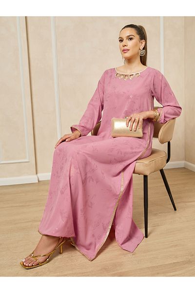 Styli Scallop Cut Work detail Jalabiya with Lace Trim