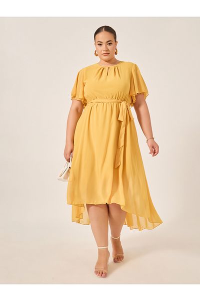 Styli Plus Size Plain Belted High-Low A-Line Maxi Dress