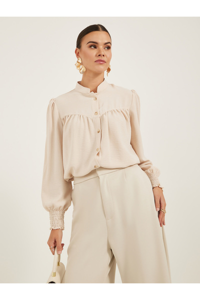 Styli Textured Band Collar Shirt with Smocked Cuffs