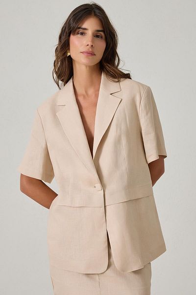 Setre Beige 100% Linen Button and Waist Detailed Full Fit Short Sleeve Jacket