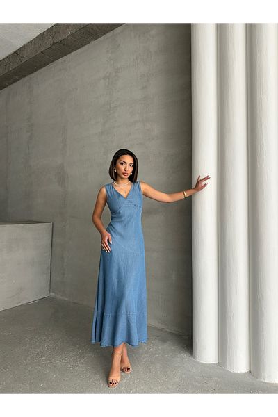 Miss Prova Rochie midi de vară din denim cu decolteu în V cu bretele MİSS934