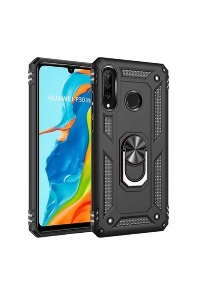 tekno grup حافظة لهاتف P30 Lite مع حلقة مغناطيسية وغطاء فيغا أسود + واقي شاشة...