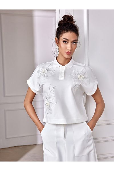 Luxewave By Styli Floral Embroidered Polo Collar Short Sleeve Top