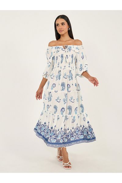 Styli Bohemian Print Off Shoulder Neck Tiered Midi Dress