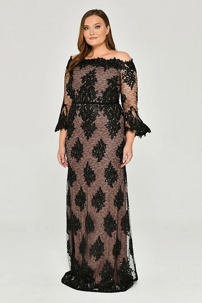 ALFABETA Alpha Beta Long Sleeve Tulle Sequin Long Evening Dress