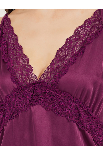 Styli Burgundy Sleeveless Satin Nightdress with Lace Detail