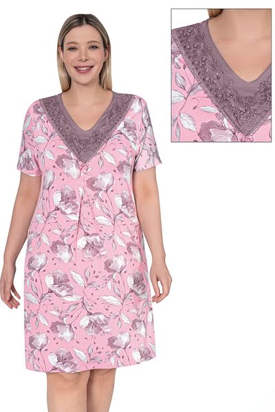 Cotpark Women's Large Size Viscose Fabric Lace Detailed Short Sleeve Nightgown 13378