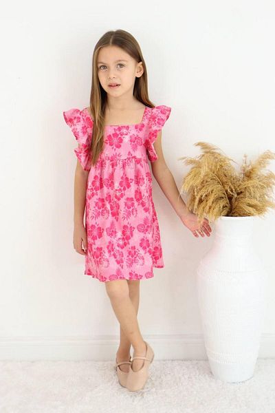 GAistKids Girl's Gathered Ruffle Sleeve Floral Dress