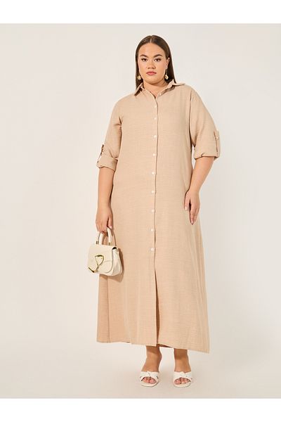 Styli Plus Size Roll-Up Sleeves Shirt Maxi Dress