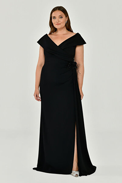 ALFABETA Kadın Yırtmaçlı Kısa Kollu Degaje Yaka Siyah Abiye & Mezuniyet Elbisesi AB6429-SİYAH