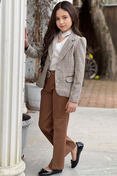Riccotarz Girl's Collar Blouse - Plaid Line Blazer - Belted Tan Bottom Top Set