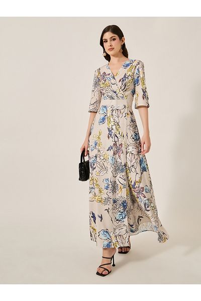 Styli Floral Print Wrap Look A-Line Maxi Dress