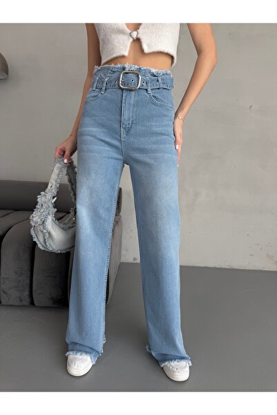 Bluezoni Blugi Palazzo pentru damă, cu talie înaltă, cu centură, cu ciucuri î...