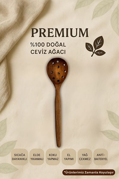 Ülgenev 1 Piece 30 cm Handmade Walnut Tree |   100% Natural Wood Kitchen Product |   Perforated Serving Spoon