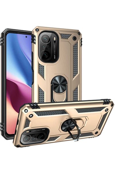 tekno grup جراب Poco F3 مع حلقة مغناطيسية وغطاء Vega ذهبي + واقي شاشة نانو