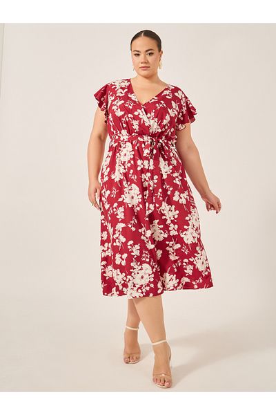 Styli Plus Size Floral Print Flared Sleeves Wrap Midi Dress