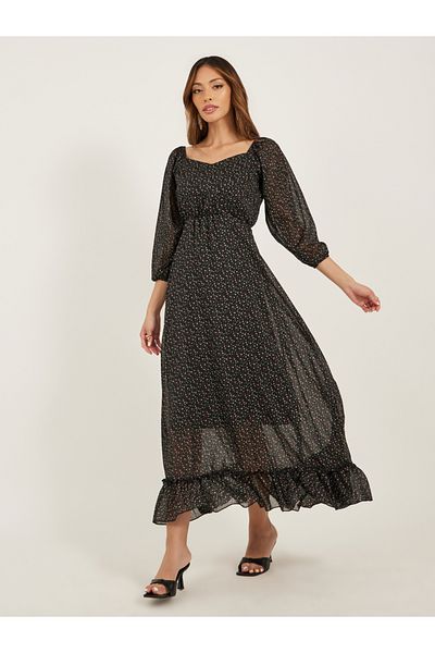 Styli Floral Print Sweetheart Neck Balloon Sleeves Tiered Maxi Dress