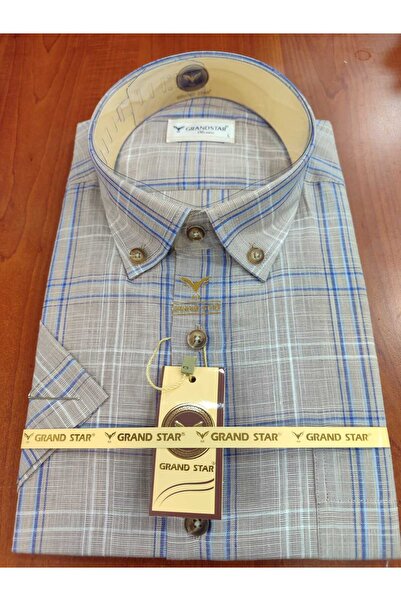 Grand Star Güncüoglu 100% Cotton Linen Short Sleeve Classic Plaid Men's Shirt with Pocket