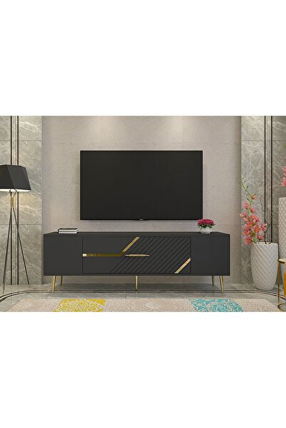 zerkaconcept Ufa Tv Sehpası Tv Ünitesi Antrasit Altın 150 cm