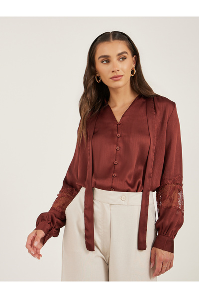 Styli Lace Insert Tie-Up Neck Buttoned Blouse
