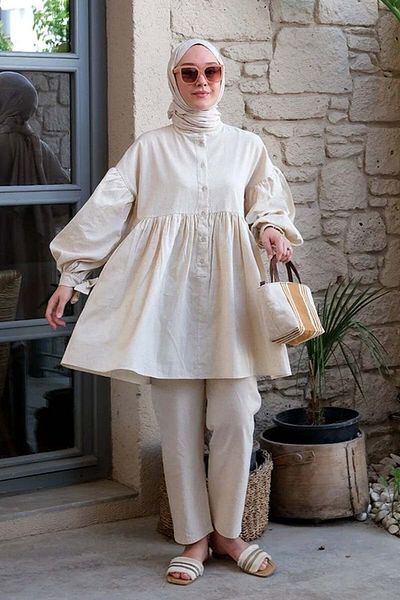 Ceylan Otantik Organic Linen Buttoned Tunic with Tie Robe