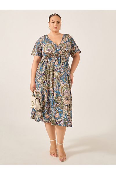 Styli Plus Size All-Over Printed Wrap Look A-Line Midi Dress