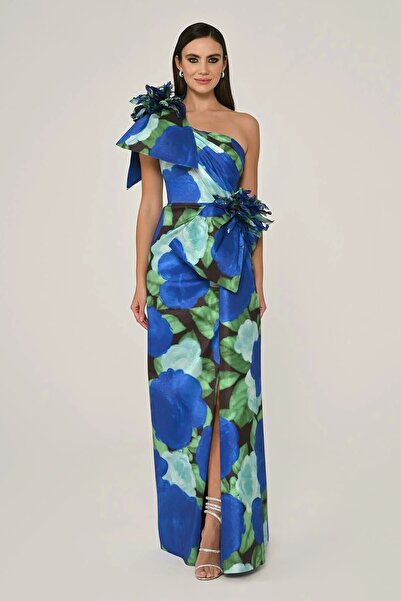 ALFABETA Alpha Beta One Shoulder Bow Patterned Slit Long Evening Dress