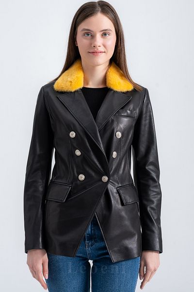 Lebeni Women's Black Blazer Leather Jacket Genuine Leather and Yellow Mink Collar