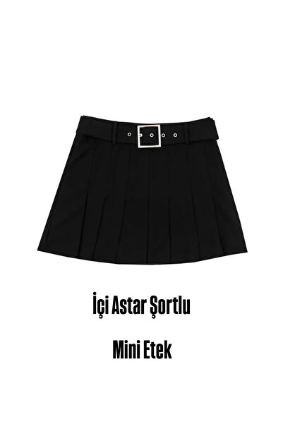 TUĞBALİ Kadın Metal Kemerli Pileli İç Astarı Şortlı Basic Mini Etek