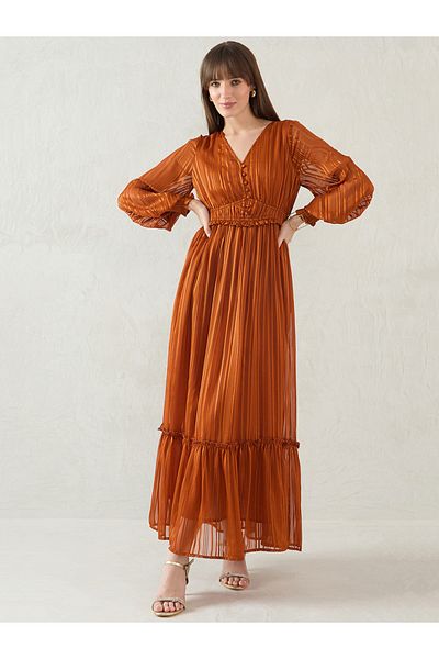 Femmella By Styli Self Striped V Neck A-Line Maxi Dress