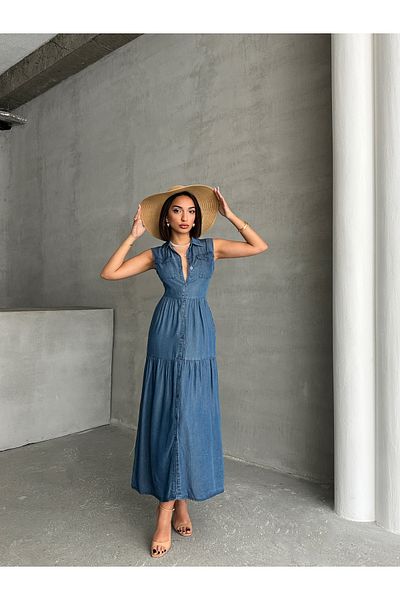 Miss Prova Rochie de vară din denim cu guler de cămașă, cu buzunare cu nasturi MİSS8994