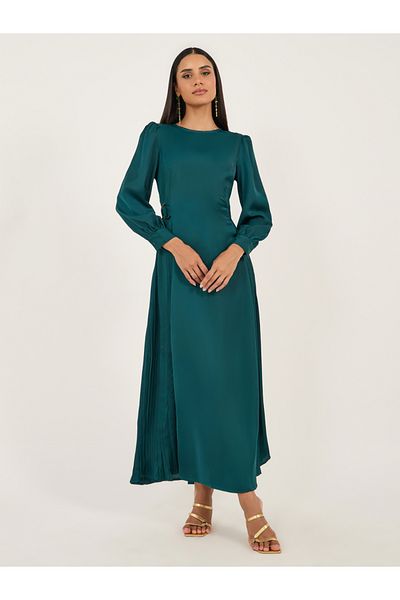 Styli Pleated Balloon Sleeves A-Line Maxi Dress