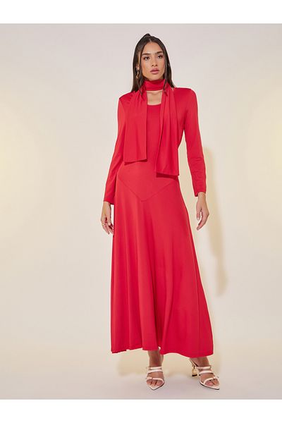 Styli Solid Round Neck Tie Up Detail Maxi Dress