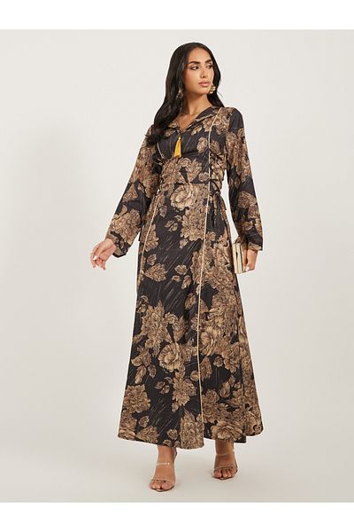 Styli Floral Jacquard Flat Collared Jalabiya with Tassel Detail