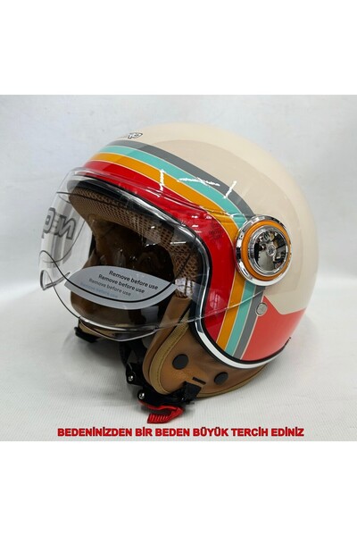 Nero Yarım Kask Tk-06 Parlak Krem Renk - Şefaf Vizörlü