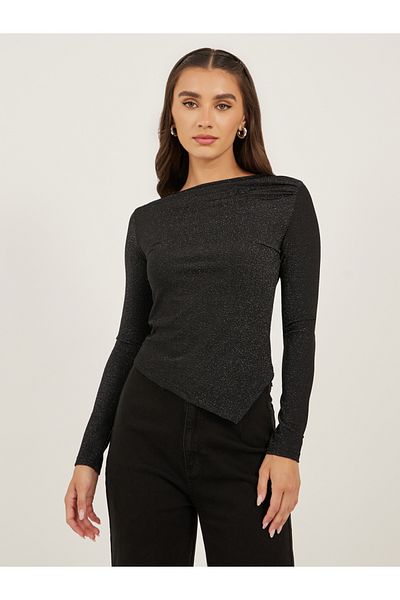Styli Glittered Asymmetrical Neckline Fitted Top