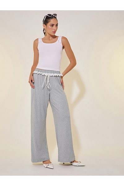 Styli Solid Loose Fit Lace Detail Pants with Drawstring