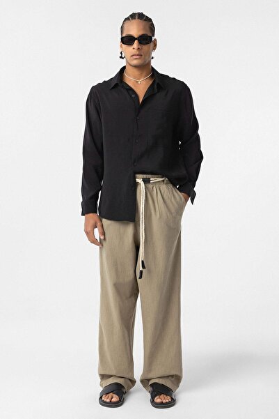 Vamos Belt Detailed Oversize Linen Trousers Khaki
