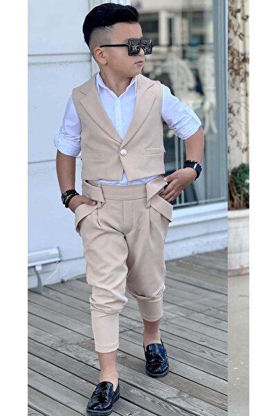 Riccotarz Erkek Çocuk Gümüş Düğme Detaylı Yelek Gabardin Beyaz Gömlek Krem Alt Üst Takım