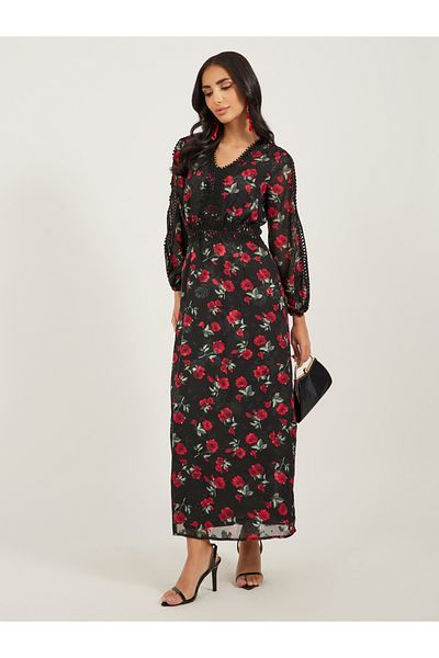 Styli Floral Print Lace Detail A-Line Maxi Dress