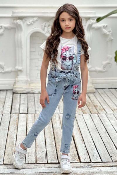 Riccotarz Girl's Digital Printed T-Shirt with Slits and Cat Detail Blue Jean Salopet Set