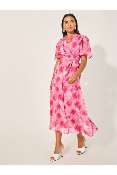 Styli Floral Print Flared Sleeves Wrap Midi Dress