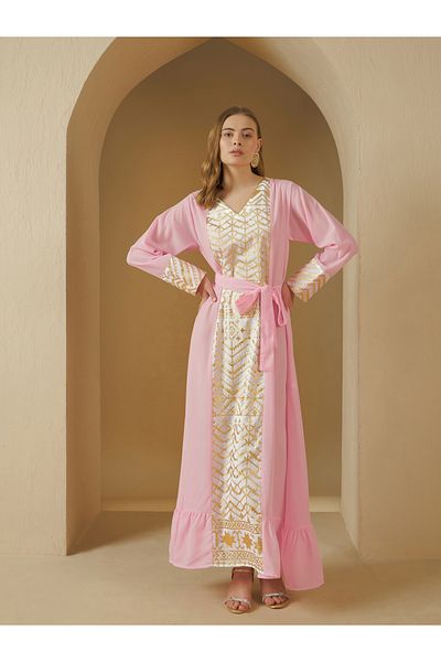 Styli Foil Print Panelled Jalabiya with Tie-Up Detail