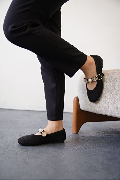 MODAADAM Women's Black Venily Sequined Flat Ballerina Shoes