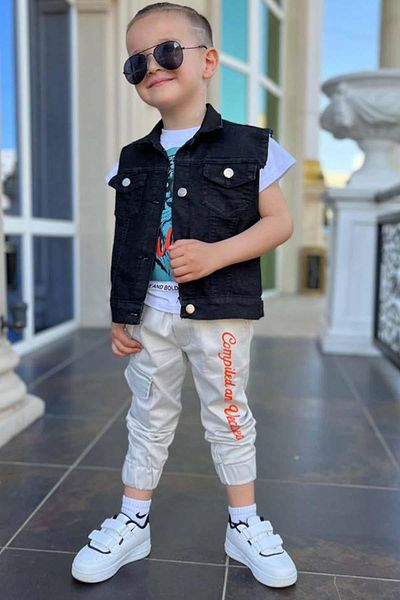 Riccotarz Boy's Tiger Detailed T-Shirt Back Printed Sleeveless Black Jean Jacket Cargo Pocket Bottom Top Set